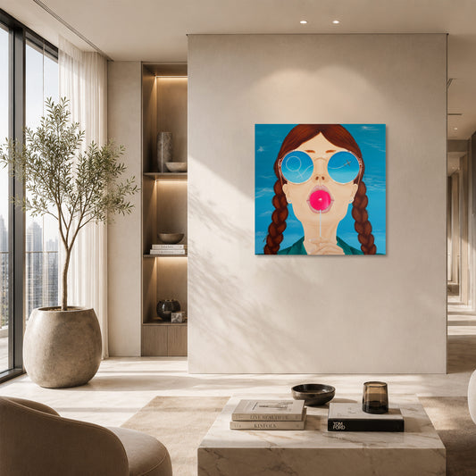 Das Kunstwerk The Sky Within hängend in einem modernen lichtdurchfluteten Wohnzimmer an einer Wand neben einem großen Fenster. Über dem Werk sind zwei LED Sports positioniert, die das Bild in ein schönes Licht setzen.