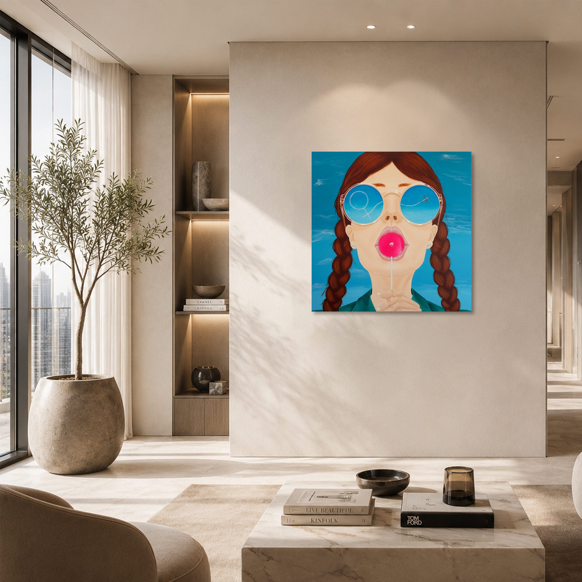 Das Kunstwerk The Sky Within hängend in einem modernen lichtdurchfluteten Wohnzimmer an einer Wand neben einem großen Fenster. Über dem Werk sind zwei LED Sports positioniert, die das Bild in ein schönes Licht setzen.
