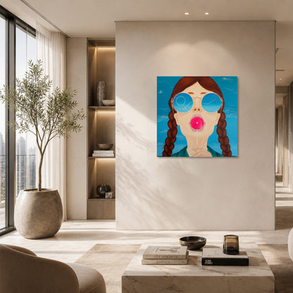 Das Kunstwerk The Sky Within hängend in einem modernen lichtdurchfluteten Wohnzimmer an einer Wand neben einem großen Fenster. Über dem Werk sind zwei LED Sports positioniert, die das Bild in ein schönes Licht setzen.