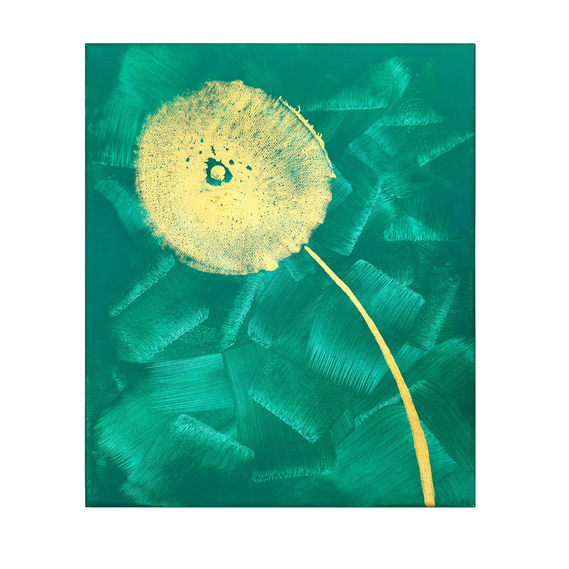 Frontale Abbildung vom Kunstwerk BC #02 Acrylfarbe auf Leinwand. Das Kunstwerk zeigt eine Art Pusteblume in goldener Farbe auf einem türkisfarbenen Hintergrund. Die Blüte wurde mit der Brust gestempelt.